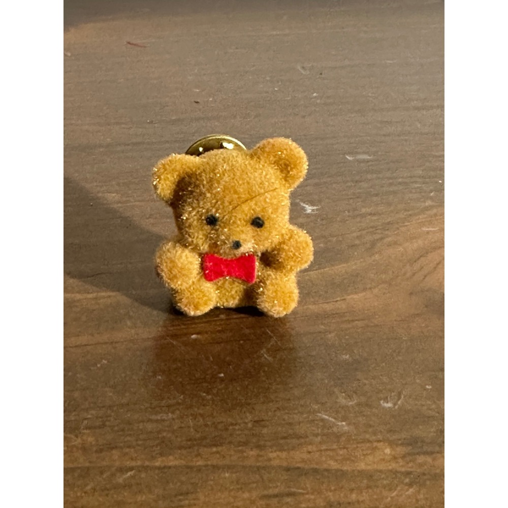 Vintage Flocked Teddy Bear Pin Brown Fuzzy Glitter Bear Red Bow Tie Lapel Pin